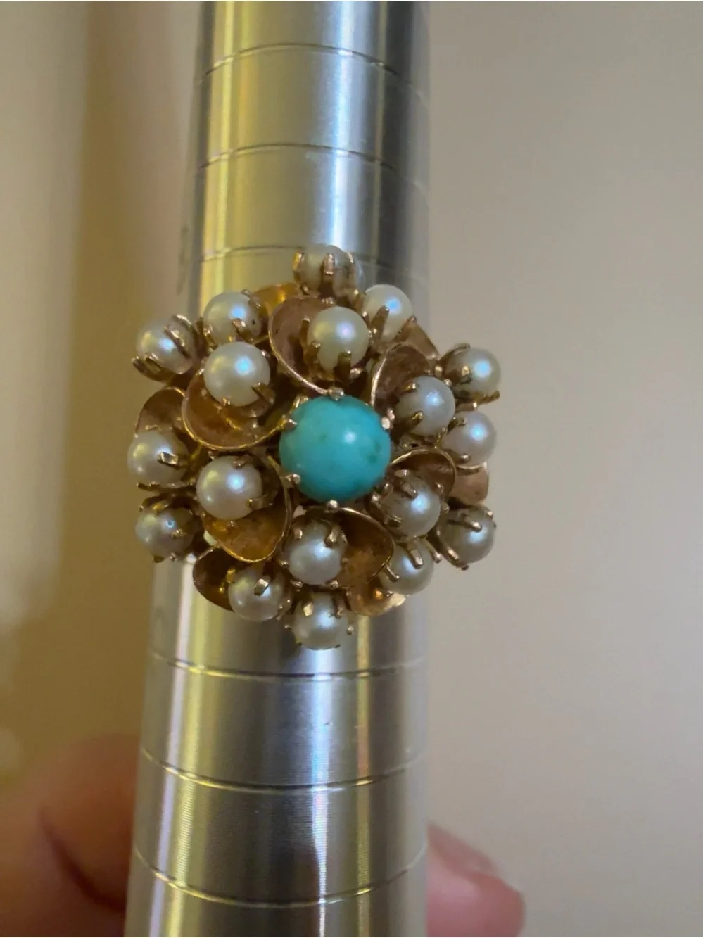 Vintage 14K Gold Pearl & Natural Turquoise Floral Cluster Ring